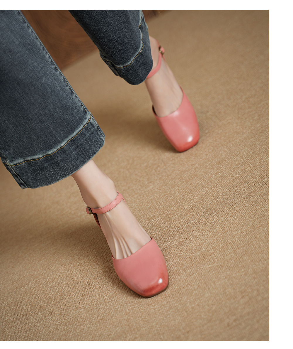 Giày sandal cao gót nữ quai ngang mũi vuông gót 6 cm — Màu hồng chi tiết 8