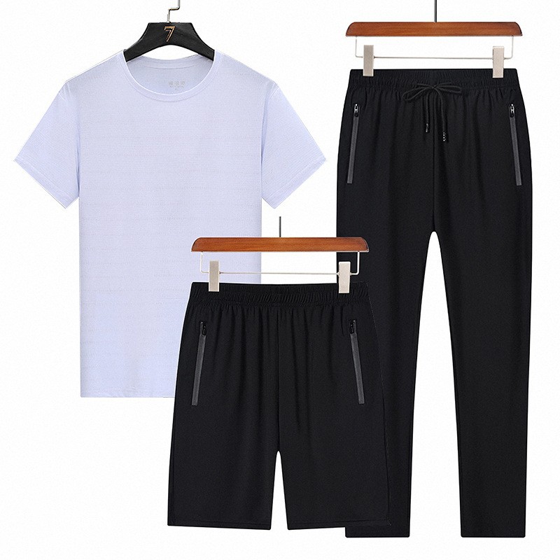 Trajes deportivos de verano transfronterizos de seda de hielo para hombres, camisetas de manga corta, pantalones cortos de tres piezas casuales para hombres