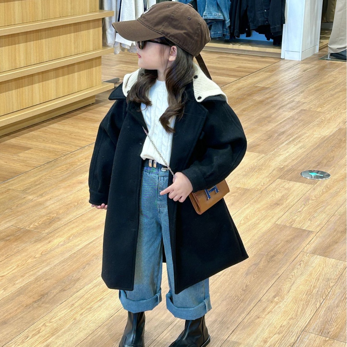2023冬季新款童装 韩版童装 女童时尚连帽呢子外套 中长款呢大衣