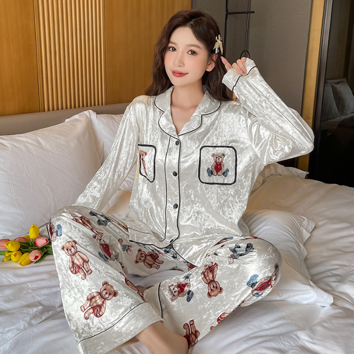 Luz de lujo estilo Chanel pijamas de las mujeres de terciopelo dorado solapa cardigan Otoño e Invierno de manga larga pantalones dulce casual traje de desgaste para el hogar