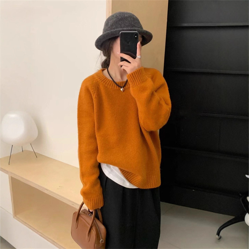Korean Style Round Neck Pullover Knitwear for Women 2025 Autumn and Winter New Style Lazy Style Loose Slimming Look Soft Waxy Knitwear Top Thick