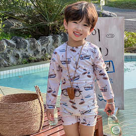新款男童夏季连体泳衣ins 风帆船长袖防晒速干中小童男宝海边泳装