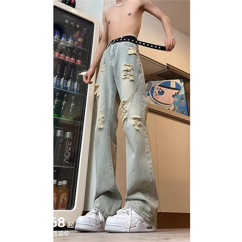 Pantalones de viento de estilo americano de alta calle, pantalones de jeans de calles agujeros, pantalones de verano delgados y rectos para hombres