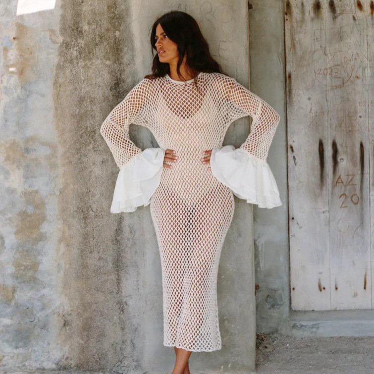 European and American Women's Clothing Seaside Vacation Cut Out Blouse Long Skirt Long Sleeve Slim Sexy White Dress Women's Summer Skirt