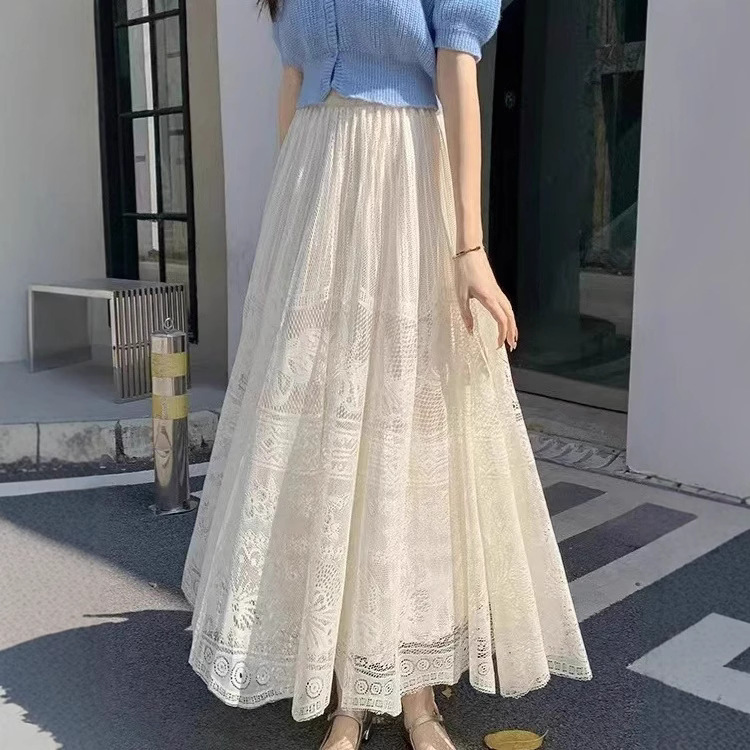 白色蕾丝内衬半身裙夏季新款气质高腰慵懒蓬松网纱仙女飘飘裙子女|undefined
