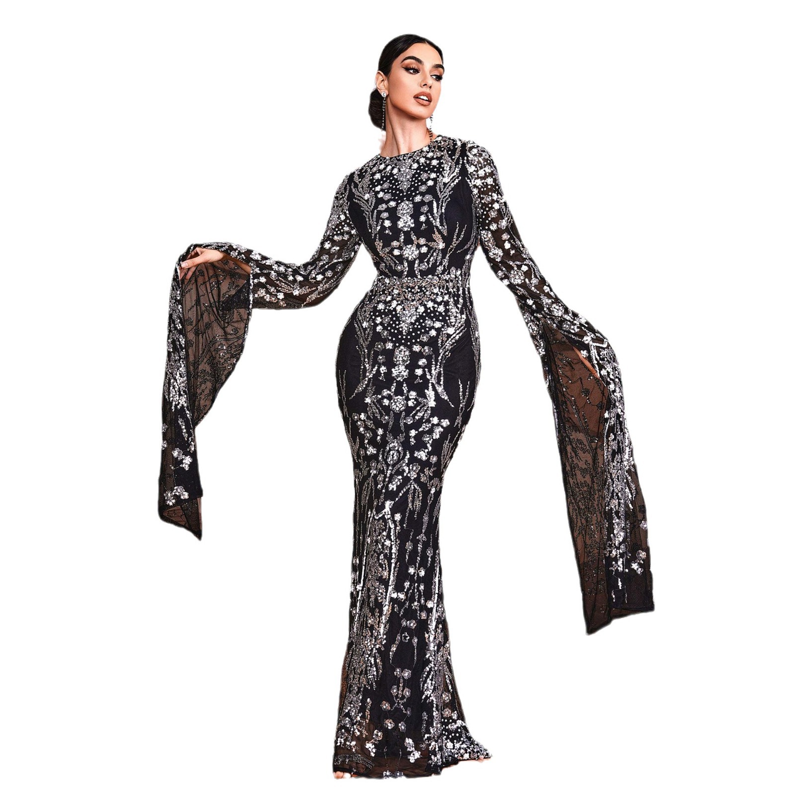 Women's Clothing ultra long sleeve temperament round neck sexy slim long sequined banquet evening dress bridesmaid dress_voghion.com