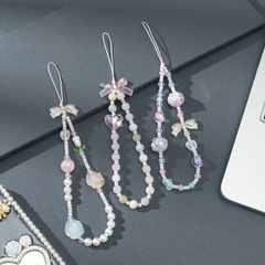 Mobile phone lanyard for women, girly heart bow, beaded portable wrist rope pendant, mobile phone case, anti-lost mobile phone chain