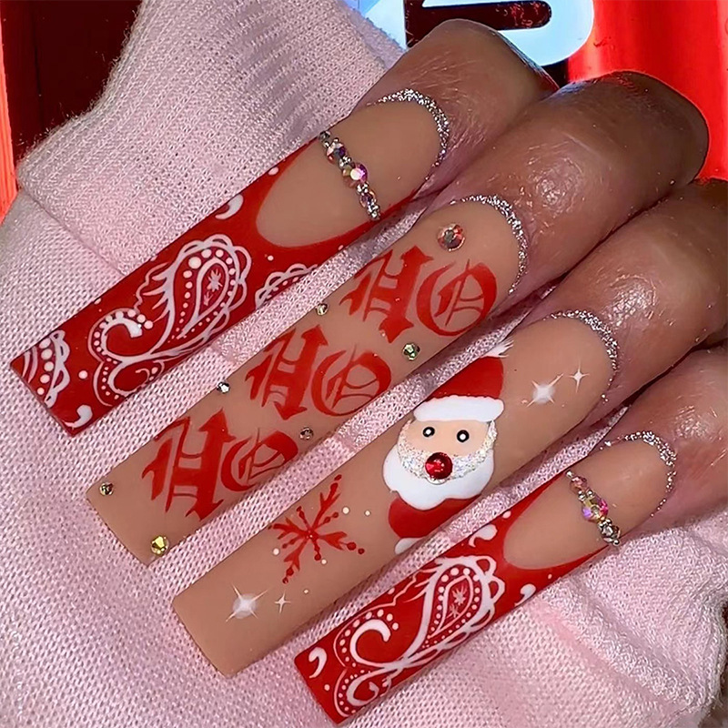 Cross-border Christmas theme wear nail fake nail Santa Claus nail nail piece French snowflake diamond nail patch