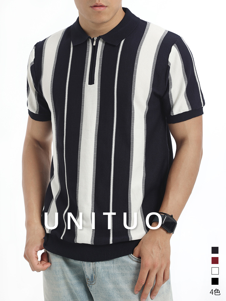 Verano Europa y América rayas verticales hielo tejedido polo camisa de hombre manga corta semia cremallera solapa contraste de color hombre de negocios