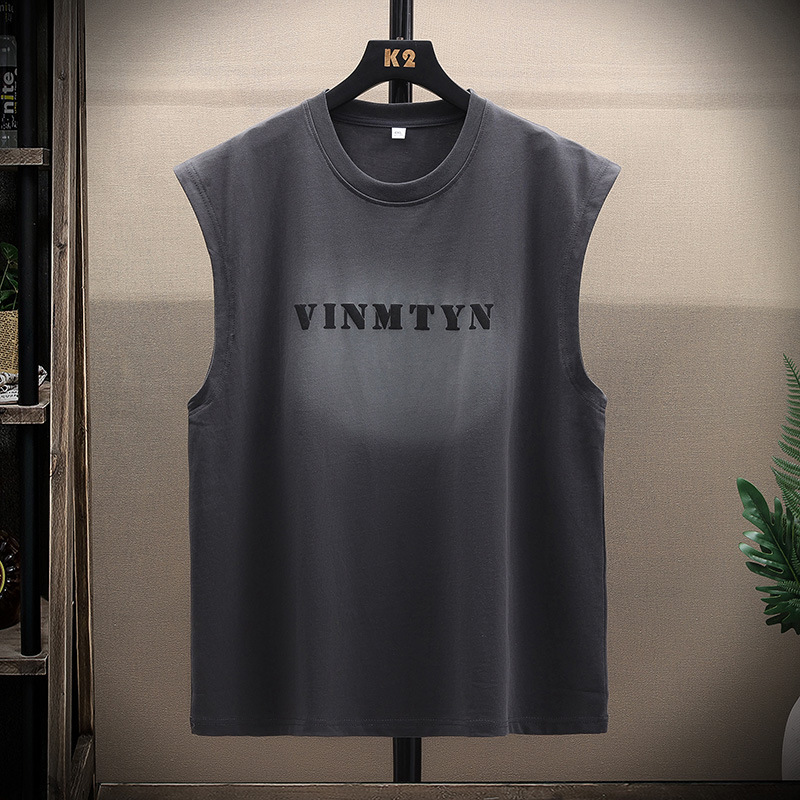 Summer Gradual Crewneck Sleeveless Vest Men's Waistcoat Fat Men's Loose Casual plus size Letter Printed T-shirt Top Trendy