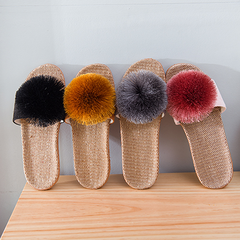 봄과 여름 슬리퍼 여성용 홈 귀여운 모피 볼 린넨 슬리퍼 가정용 사계절 유니버설 실내 미끄럼 방지 소프트 바닥 샌들