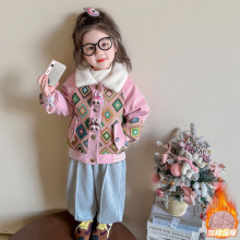 女童加绒外套秋冬季2025新款洋气儿童毛毛衣加厚女宝宝棉衣保暖潮