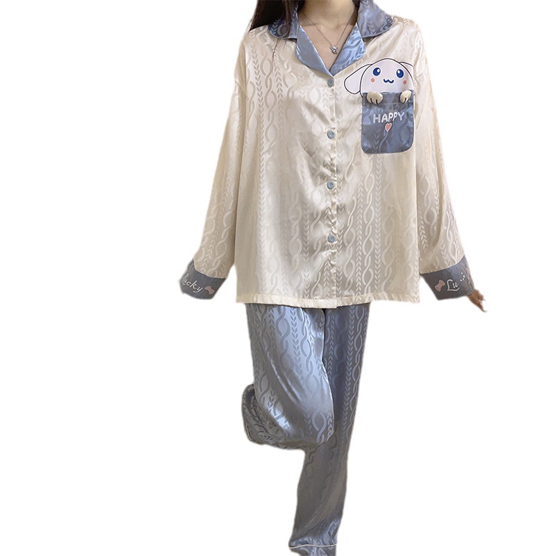 Estilo coreano ins Net estilo rojo pijamas de Seda Hielo Las Mujeres Otoño e Invierno manga larga dibujos animados lindo dulce chica desgaste del hogar traje