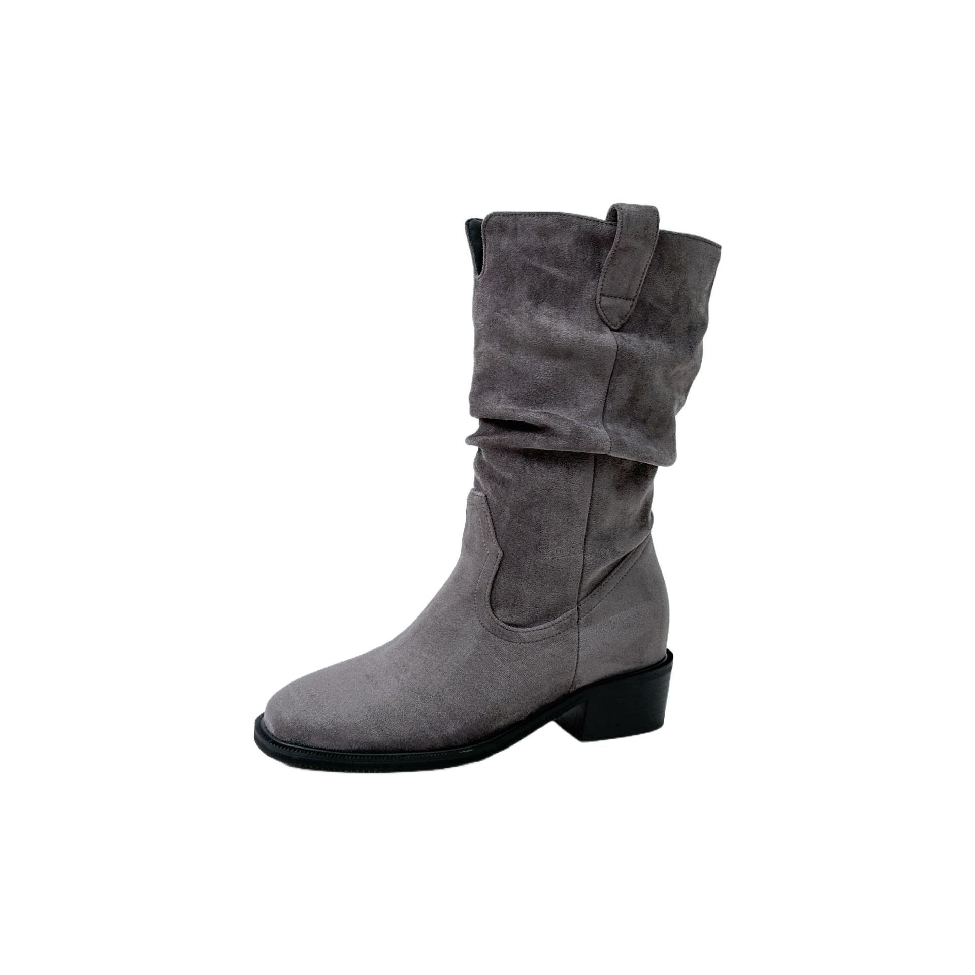 Botas de Caballero Cortas para Mujer de 8 cm, Piel de Oveja, Con Aumento, Tacón Ancho