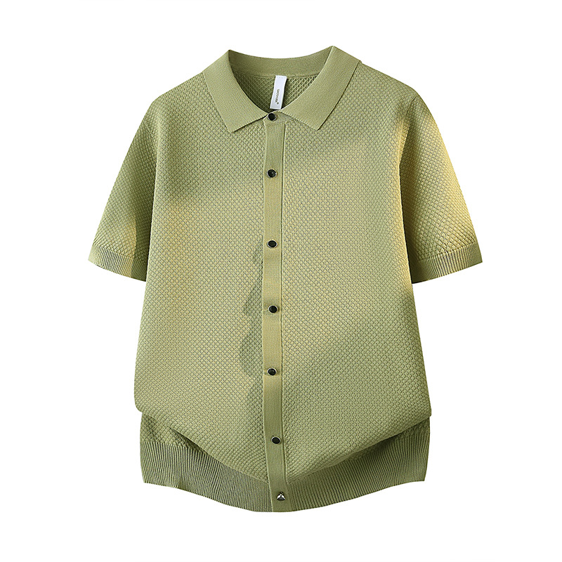 Polo camiseta collar camiseta de punto camiseta de manga corta camiseta hombre waffle cardigán viejo dinero viento hielo seda fábrica transfronteriza al por mayor