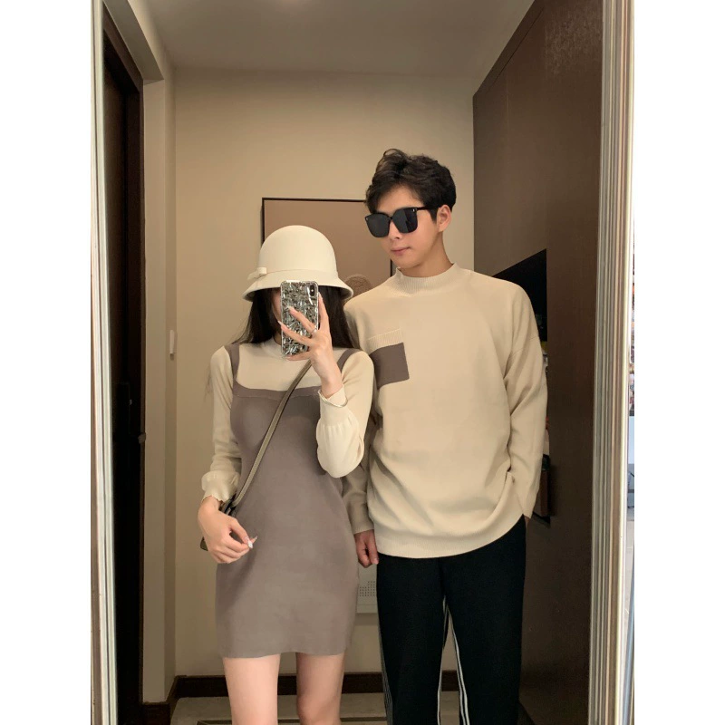 Spring couple clothing for beloved, set, long-sleeve, knitted sweater, round collar