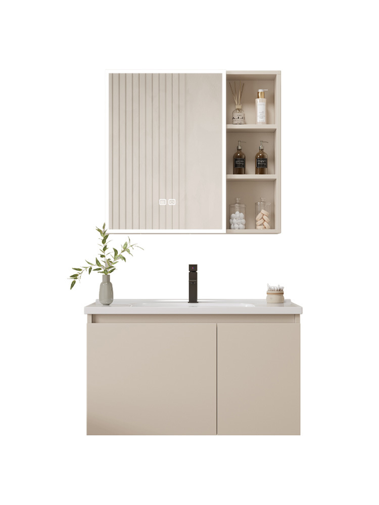 Crema estilo espacio aluminio baño gabinete combinación integrado cerámica lavabo baño lavabo gabinete lavado Mesa baño Baño