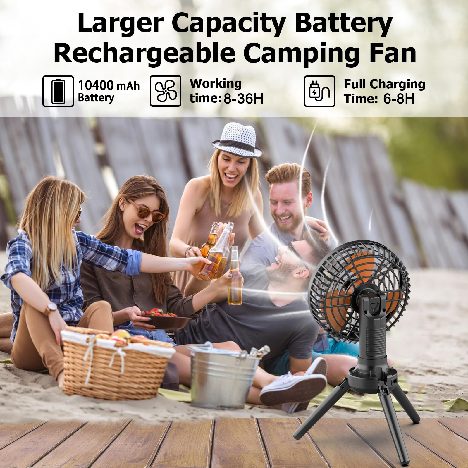 Ventilador Oscilante Portátil para Camping con Luz LED 10400mAh 270° con Gancho Recargable