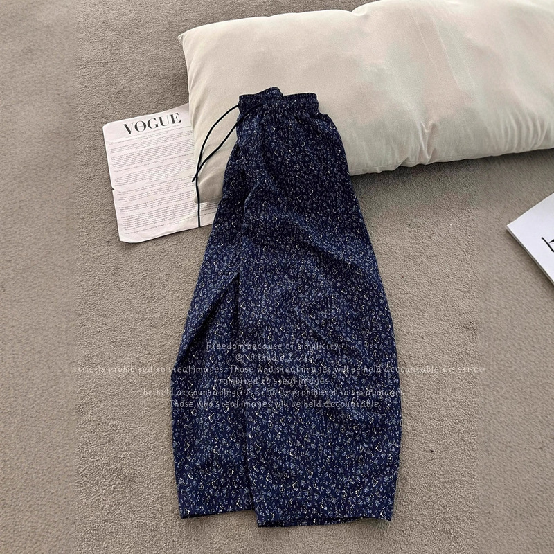 Original Recommendation! European Fashion Navy Blue Small Floral Casual Pants for Women with Elastic Waist and Drawstring Slimming Wide-Leg Harem Pants