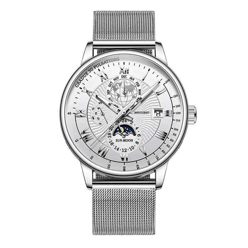 Popular fashion item selling well outside: Men's three-eye moon phase watch, stainless steel mesh strap, men's quartz wristwatch