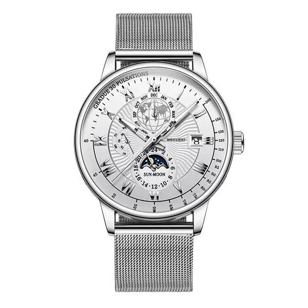 Popular fashion item selling well outside: Men's three-eye moon phase watch, stainless steel mesh strap, men's quartz wristwatch