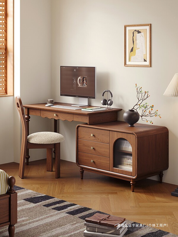 Solid Wood Corner Desk and Chair Set with Drawers for Home Use in Small Apartments, French Mid-Century Style, Extendable Computer Desk and Office Desk Solid Wood Corner Desk and Chair Set with Drawers for Home Use in Small Apartments, French Mid-Century Style, Extendable Computer Desk and Office Desk