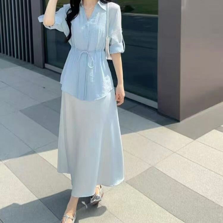 小仙女衬衫吊带裙两件套2025早秋新款显瘦收腰抽绳天丝连衣裙套装|undefined