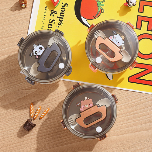 304 Stainless Steel Cartoon Lunch Box Round with Water Heating Function Student Portable Outdoor Fruit Salad Box