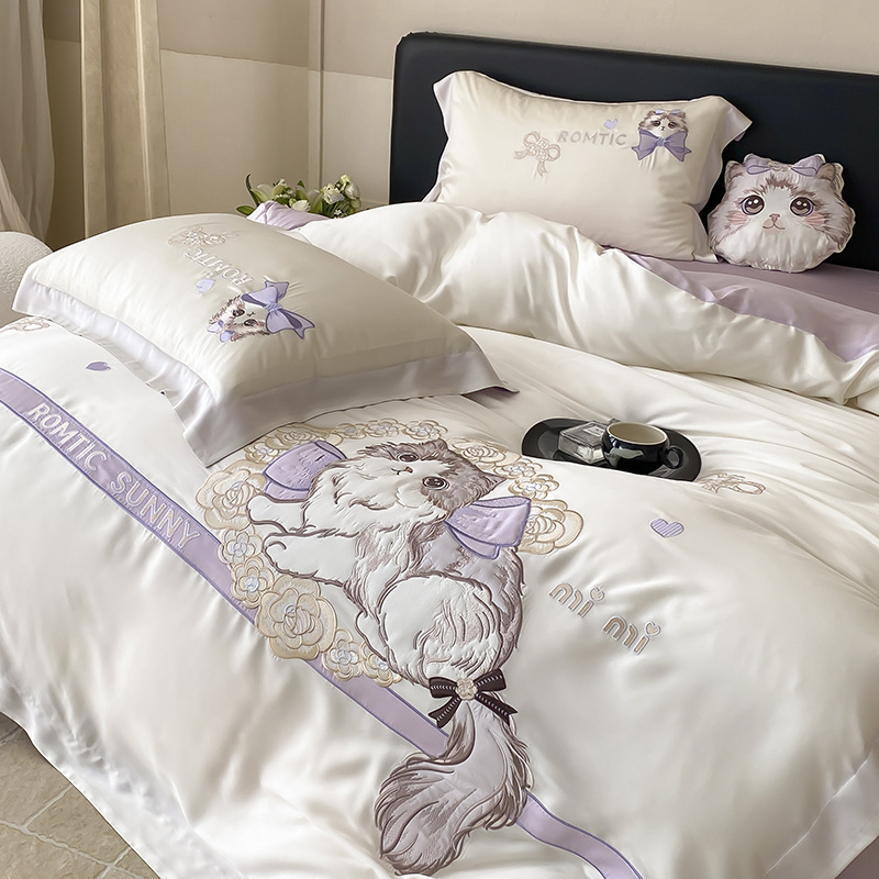 Conjunto de capa de edredão de verão em seda gelo com gato_voghion.com
