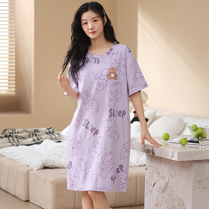 睡裙女夏季薄款短袖卡通胖mm加大码加肥宽松套头网红睡衣裙家居服