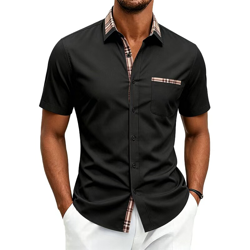 Summer Men's Four-Way Stretch Short-Sleeve Shirt with Plaid Contrasting Collar Design, Youth Style Solid Color Men's Shirt in Stock