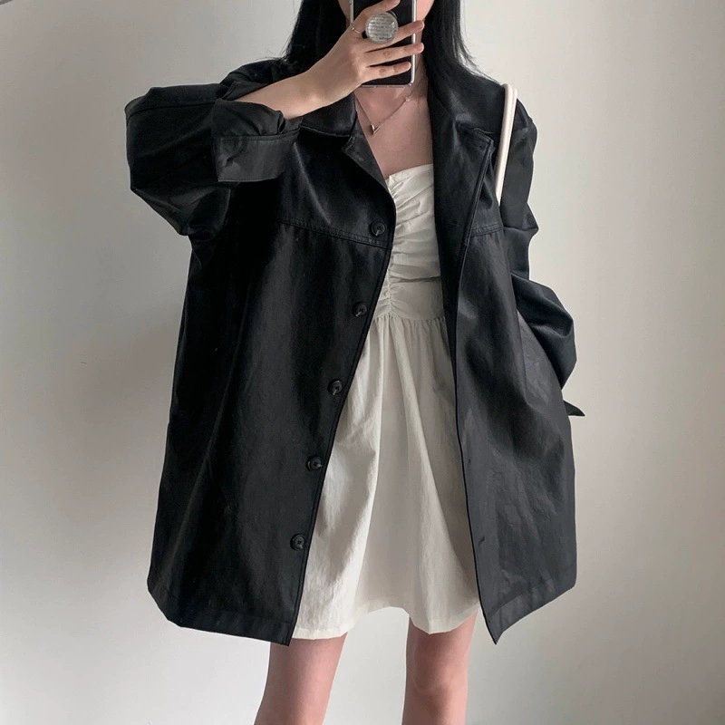 Autumn retro polyurethane long-sleeve, jacket, Korean style, oversize