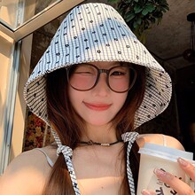 简约格子花朵渔夫帽女春夏季法式大帽檐遮阳帽子户外遮脸防晒盆帽