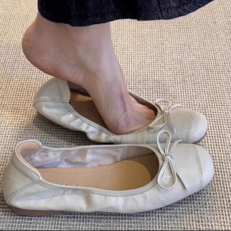 Cowhide Version~Really Soft Ballet Shoes, French-Style Flat Soft-Soled Shoes for Women, Bow-Knot Round-Toe Retro Granny Shoes