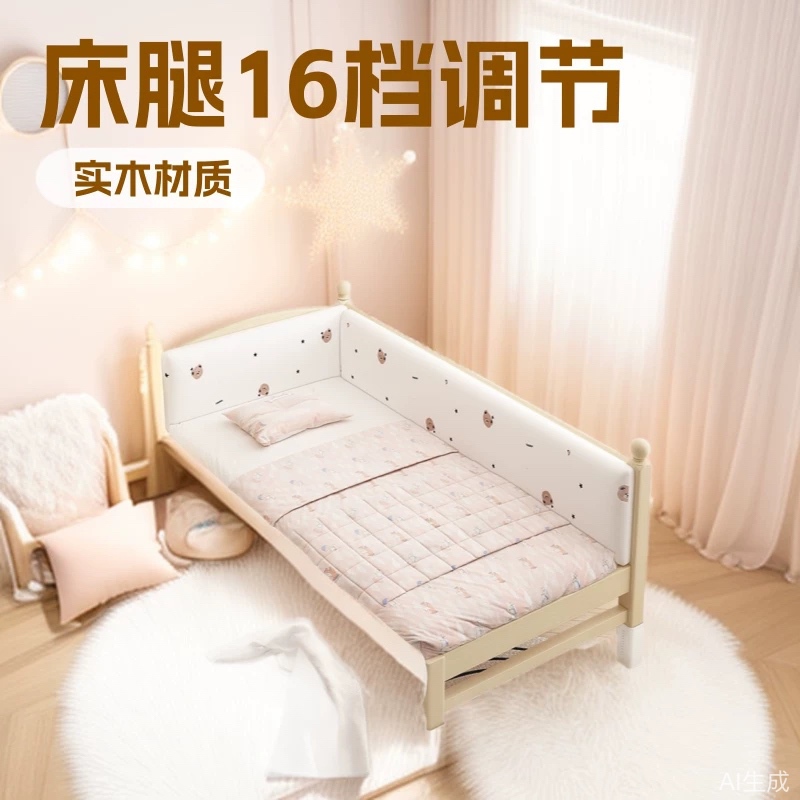 Children's Bed Splicing Bed Adjustable Height Splicing Large Bed Widened Bed Solid Wood Crib with Guardrail Crib
