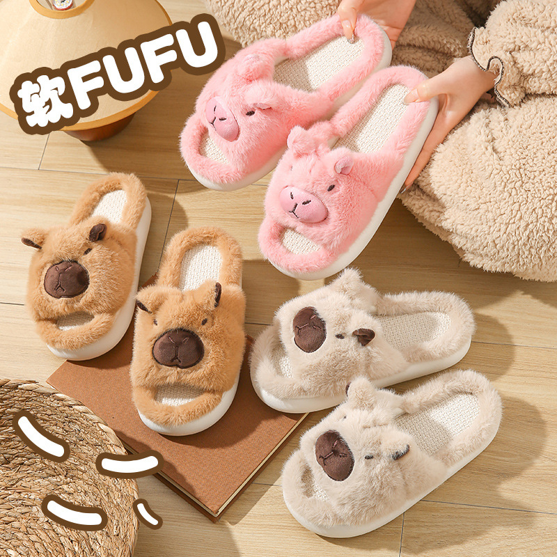 Sin impuestos) zapatillas de algodón de peluche para mujeres lindas capibara delfines 2025 nuevo pedazo de mierda sensación de fondo grueso en el hogar
