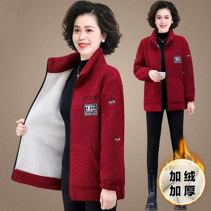 Lambskin Coat Women's Autumn and Winter Mama's Winter fleece-lined Thickened Warm Cotton plus size Women's Loose Women's Coat