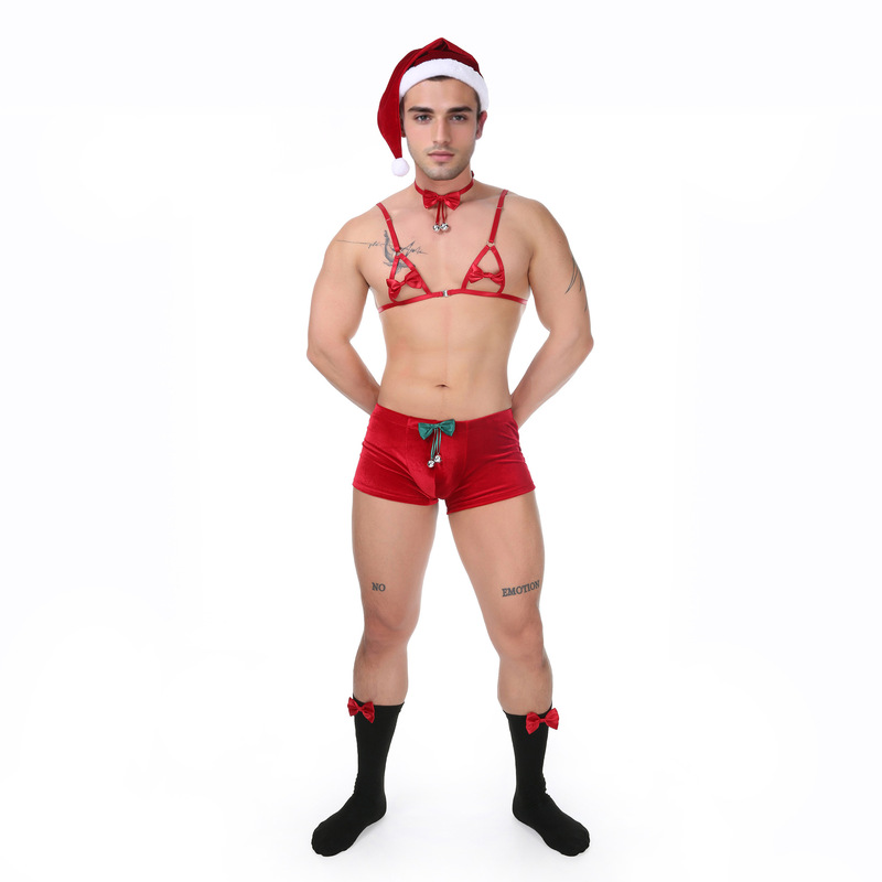 Cross-Border Sexy Bow Bell Socks Sexy Underwear Men's Santa Claus Performance Clothing Bra Five-Piece Set