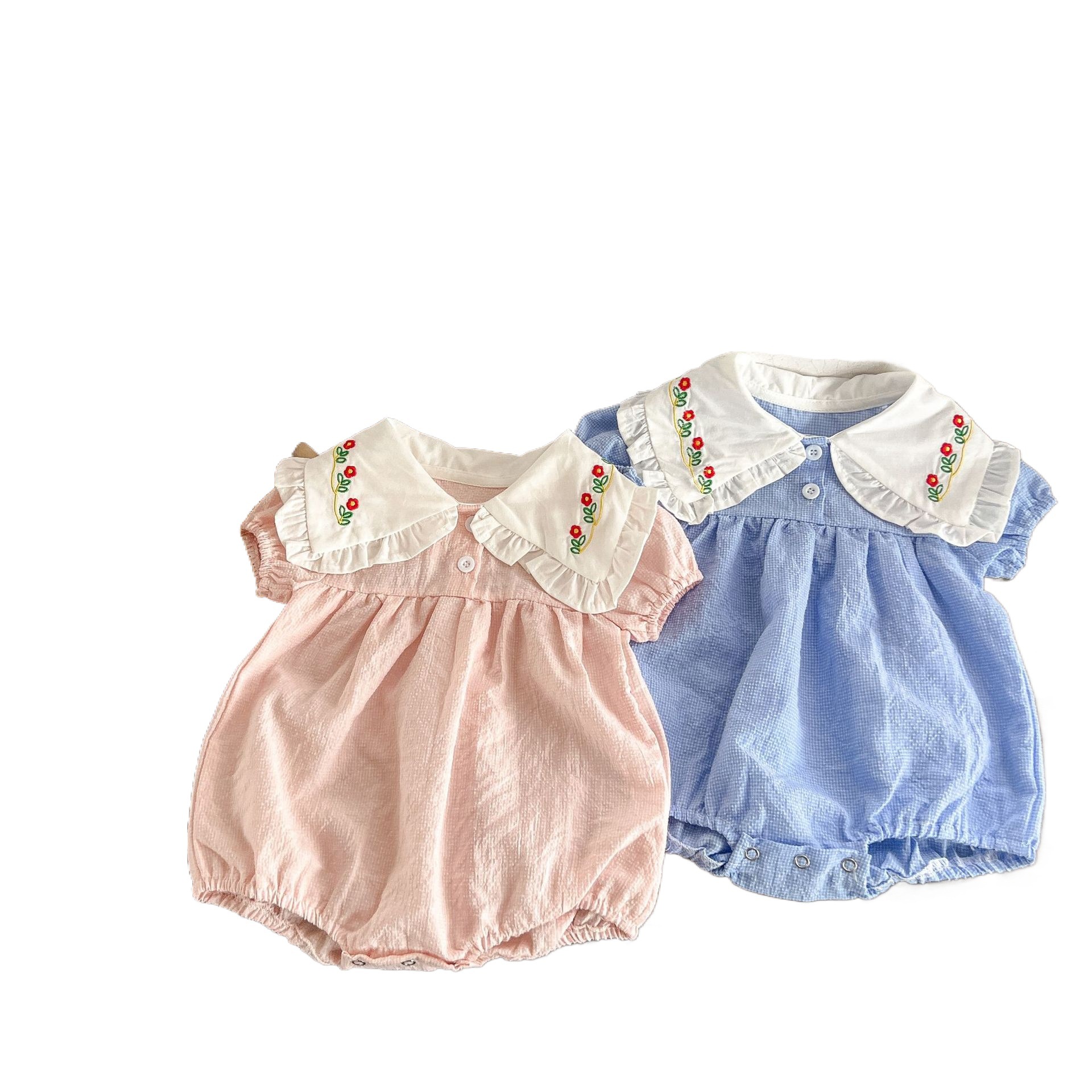 Estilo coreano niñas bebé verano algodón a cuadros solapa bordado de manga corta mameluco ins recién nacido casual triángulo escalada