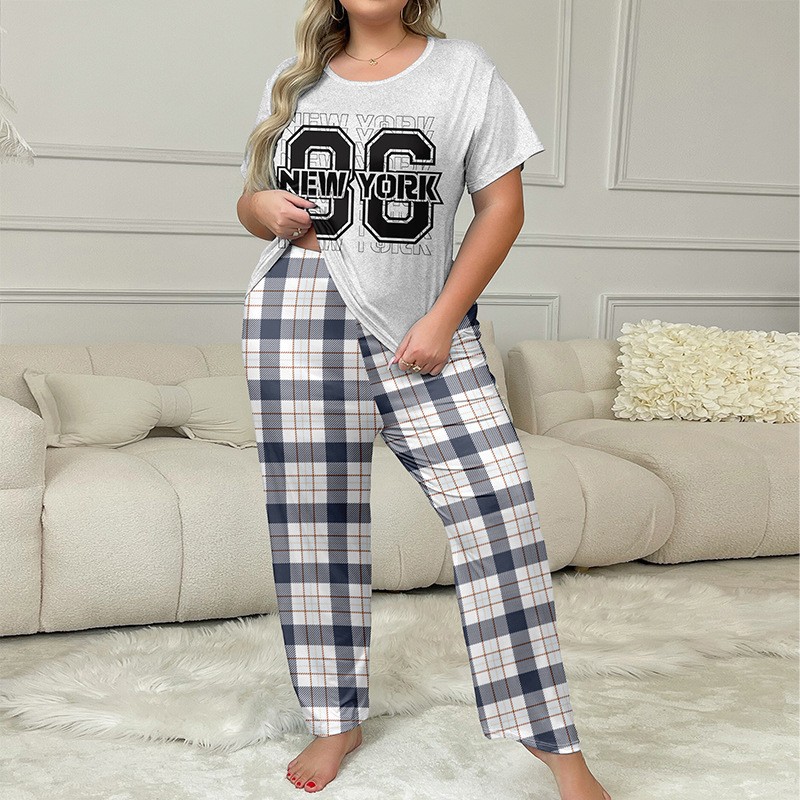 Women's Plus Size Pajamas European American Style Short Sleeved Plaid Pajama Pants Milk Silk 96 Home Wear Summer Sleepwear_voghion.com
