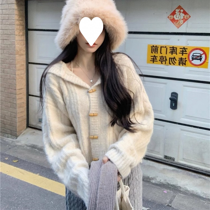 Corea del Sur a principios de otoño y invierno nuevo estilo Meilade corn hebilla con capuz cardigan suéter de mujer chaqueta de punto de tela de tela suave chaqueta pegajosa