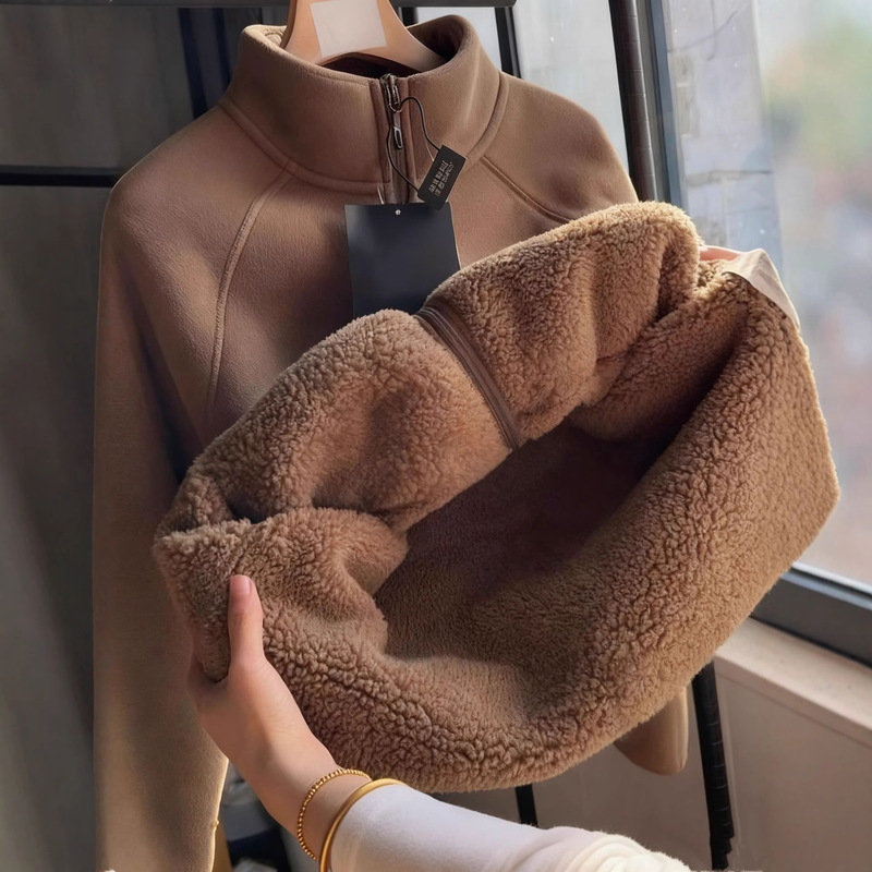 Lamb Wool Sweatshirt Jacket for Women 2026 New Autumn and Winter Fleece Lamb Wool Lining Thickened Fleece Top