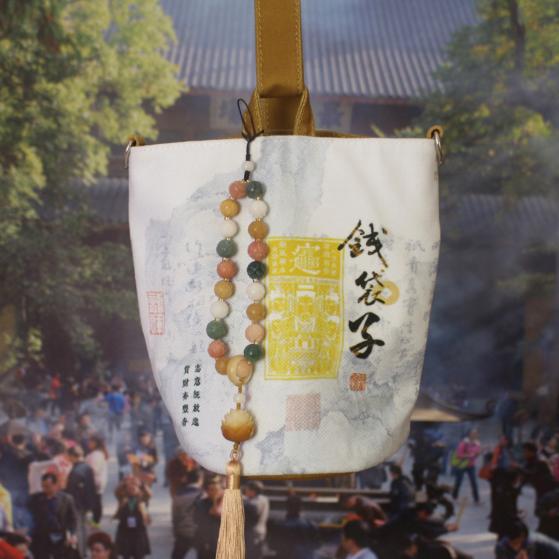 Lingyin Money Bag Canvas Bucket Bag For Women - Shoulder Handbag For Casual Travel, Temple Style Cloth Bag - Thumbnail 6