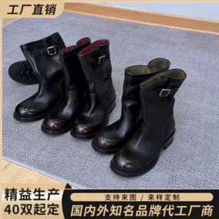 源头定制真皮骑士靴小众设计师款褶皱金属扣带秋冬配饰复古机车靴