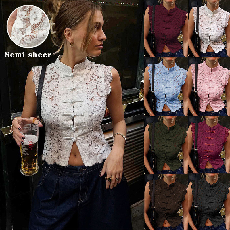 European and American Style Women's Shirts, Solid Color, Slim Fit, Comfortable, Elegant, Lace Hollow-Out Sleeveless Shirt, New Chinese Style, Overseas Warehouse European and American Style Women's Shirts, Solid Color, Slim Fit, Comfortable, Elegant, Lace Hollow-Out Sleeveless Shirt, New Chinese Style, Overseas Warehouse