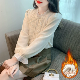 时尚洋气木耳边加绒衬衫女秋冬季2024新款内搭蕾丝打底衫立领衬衣