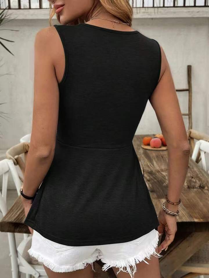 Women's Sleeveless V-Neck Vest T-Shirt With Twisted Pleats Waist Cinching Summer Fashion Tank Top_ecoleips.com