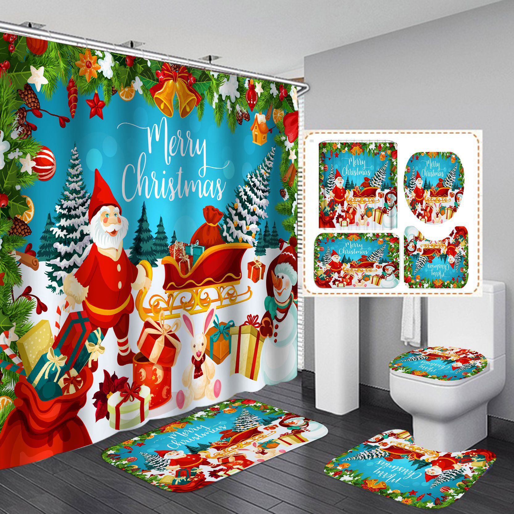 Cortina de ducha de poliéster impermeable con estampado navideño rojo, cortina de ducha creativa con diseño digital 3D, estilo americano y europeo, suministro directo transfronterizo del fabricante