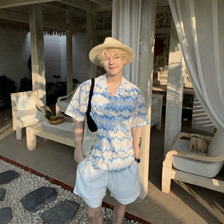美式复古夏威夷针织镂空短袖衬衫男款夏季老钱风海边休闲百搭衬衣