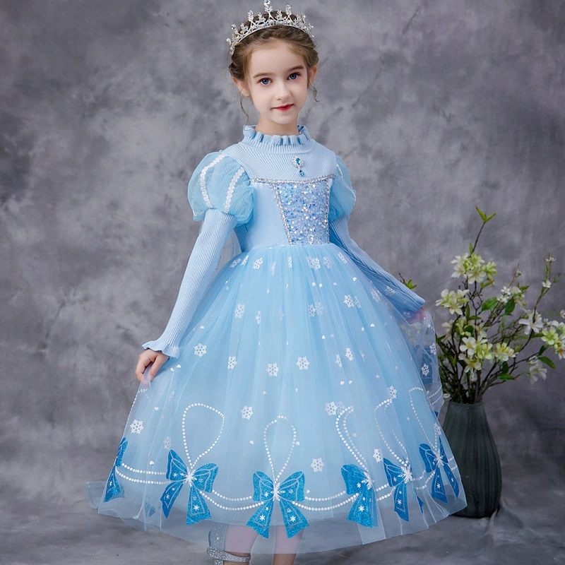 Платье принцессы Эльзы 2025: Новинка осенне-зимнего сезона, свитер-платье для девочек с вуалью, стильное сетчатое платье в стиле «Маленький Шанель»